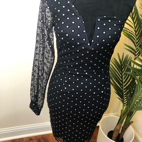 Boohoo Nights Polka Dot One Shoulder Cocktail Dress Silver Black 6 - Picture 3 of 8